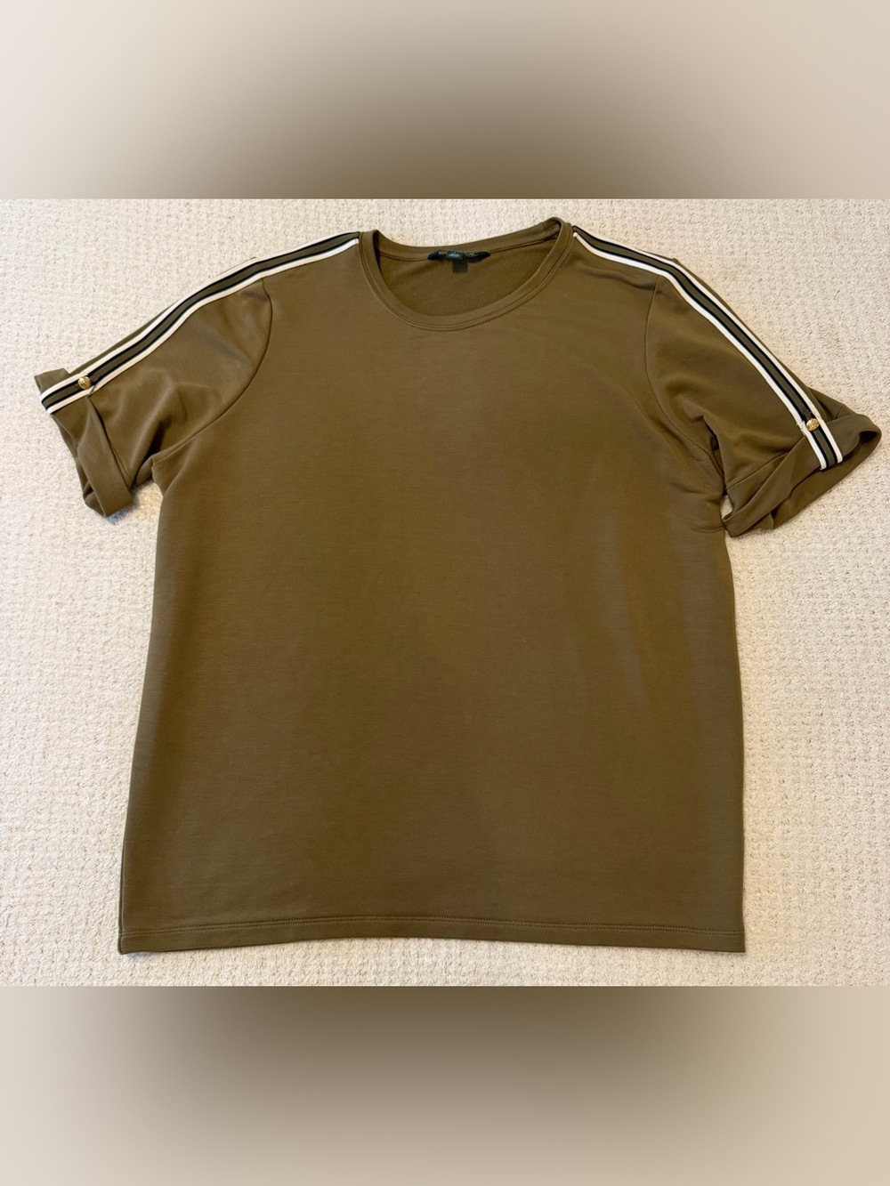 Lauren Ralph Lauren T-Shirt Size L Olive Green Striped Shoulders Buttons